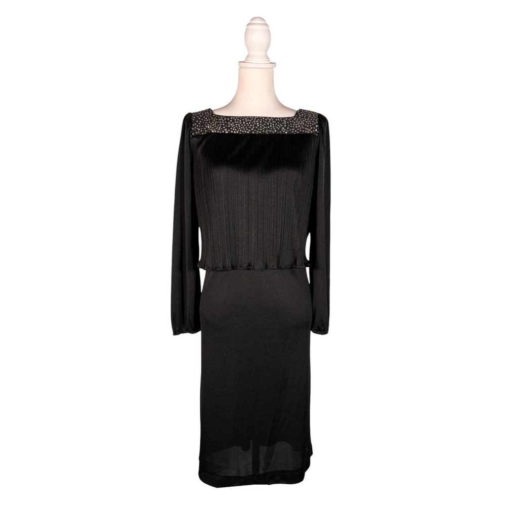 Vintage Black Midi Dress L Large Long Sleeve Sparkle Retro Gothic Glam Chic LBD